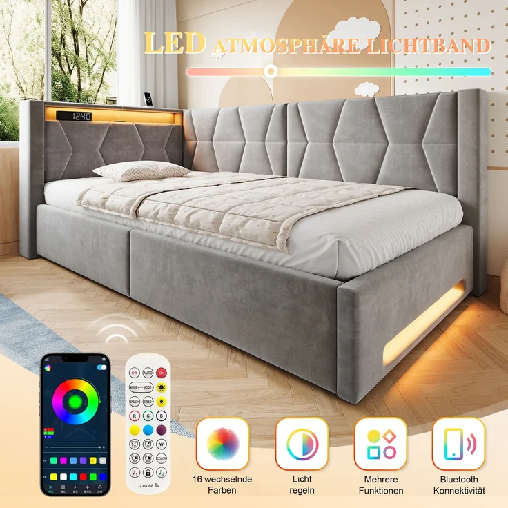 LVHOM Einzelbett 90x200 cm mit Stauraum, Polsterbett mit LED, USB und Type-C, Jugendbett, Hydraulischem Bettgestell, Samt, Grau – Bild 3