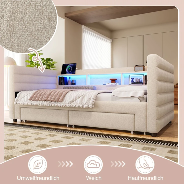 Merax Polsterbett, 90 × 190 cm, Tagesbett, Daybett, Schlafsofa, multifunktionales Ausziehbett-Design, USB- + Typ-C-Anschlüsse, mit 2 Schubladen, LED-Lichtleiste, Samt, beige – Bild 7