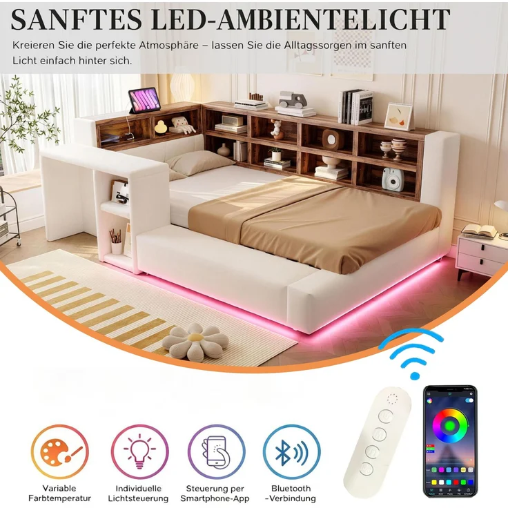 U-life Polsterbett 90x200 cm, fürs Schlafzimmer, Mit Polsterbezug, Mit Mehrstufigen Stauräumen, LED-Beleuchtung, Integrierten, Samtstoff, Beige – Bild 4