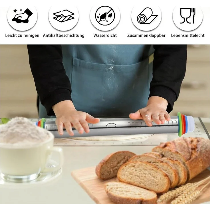 SURFOU Nudelholz Edelstahl Einstellbares 1 Teigroller 1 Silikon Backmatte, für Pizza Kekse Pfannkuchen Pasta Backen Utensilie – Bild 3
