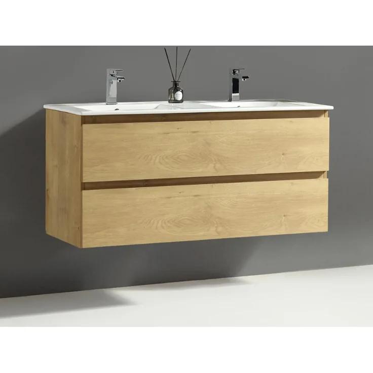 Alpenberger Badezimmer-Set Badezimmer Möbel Badschrank - Doppelwaschbecken mit Unterschrank, (Moderner Waschplatz, Keramik Waschbecken mit Überlauf), Doppelwaschtisch 120 cm Breit – Eiche Natur