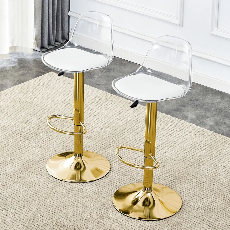 2er-Set höhenverstellbarer Barhocker: Transparente Rückenlehne + goldfarbene Metallbeine, Höhe verstellbar von 82-104 cm, Sitzfläche 360° drehbar.--Gold, Transparent--50.5x40.5x40.5cm--YOUDENOVA – Bild 1