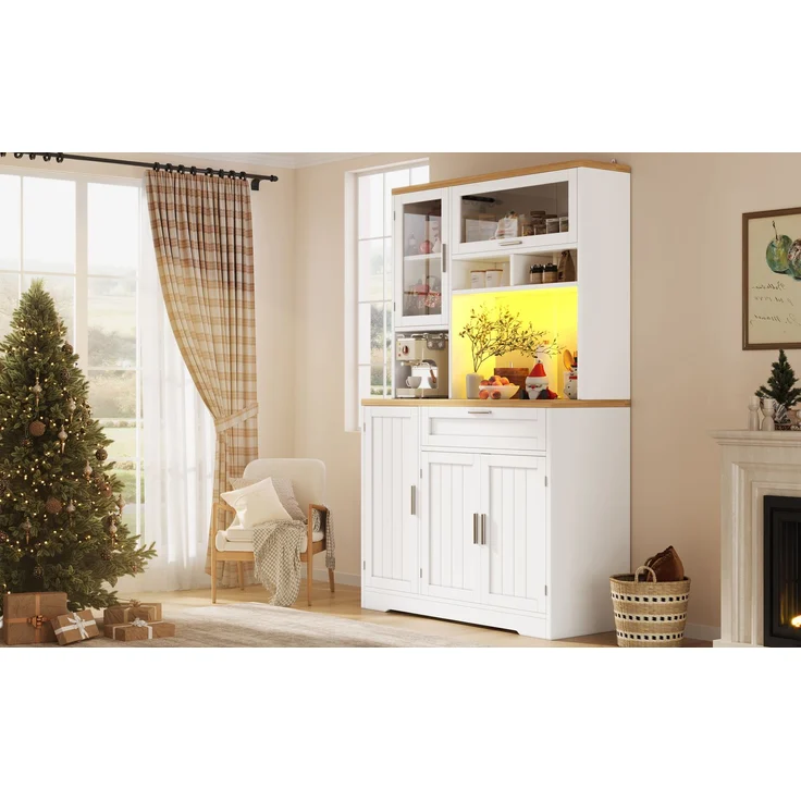 Küchenschrank, Hochschrank / Vitrine mit LED-Beleuchtung, 104x40x180 cm, weiß/schwarz, für Küche & Wohnzimmer--Weiß--104x40x180cm--YOUDENOVA – Bild 6