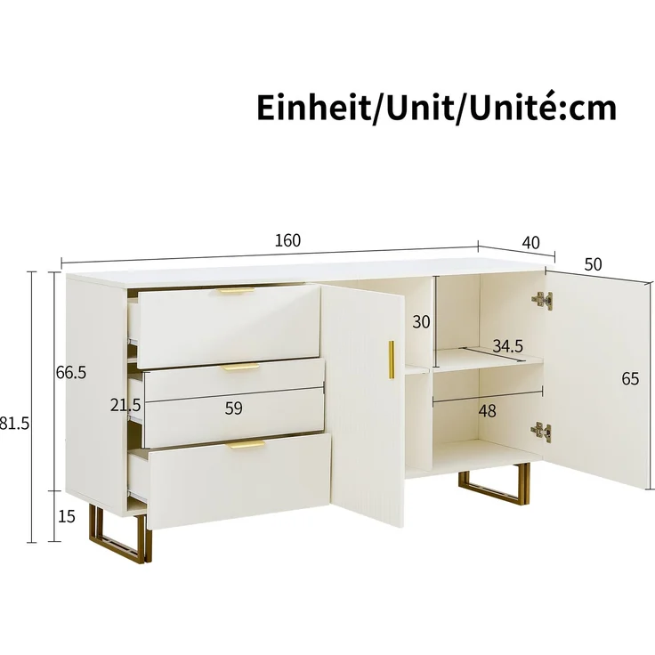 DESVIAE Sideboard mit 3 Schubladen und 2 Türen 160x81,5x40 cm MDF Weiß – Bild 10