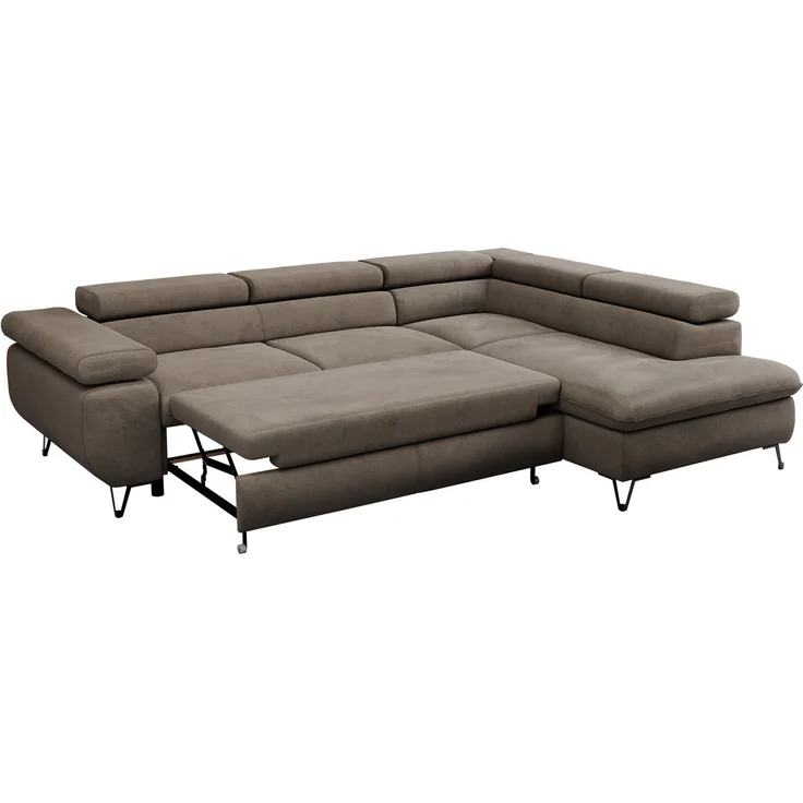 Mks Möbel 'Peter L-form' Ecksofa mit Bettfunktion, Bettkasten & einstellbaren Kopfstützen, Braun, Velours, mit Topper, rechts – Bild 6