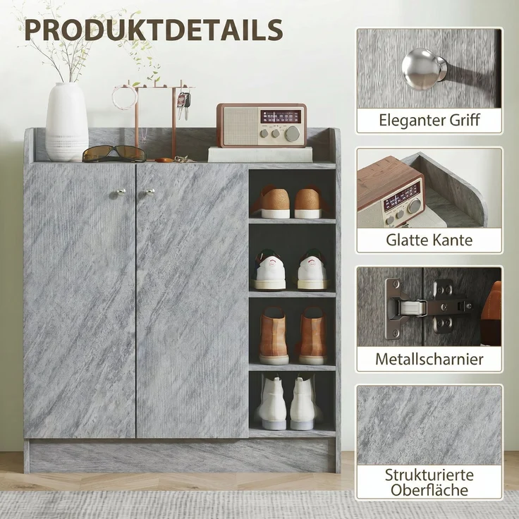 Schuhschrank, Platz für 12 Paar Schuhe, 2 Türen und 4 offene Fächer, für Flur oder Eingangsbereich, Grau--Grau--90x30x83cm--YOUDENOVA – Bild 8