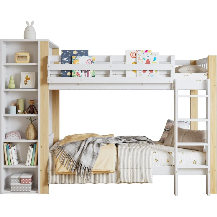 Merax Etagenbett, 90x200cm Kinderbett mit Fallschutz und Gitter, mit 4-stufiger Leiter, 6 offenen Regalen, Kleiderschrank seitlich, Reichlich Stauraum, Kiefer+PB, Weiß+Natur – Bild 10