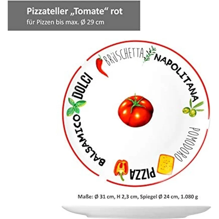MamboCat Pizzateller 4er Set Pizzateller Tomate Weiß mit Dekor Ø 31cm - 2x Grün & 2x Rot – Bild 6