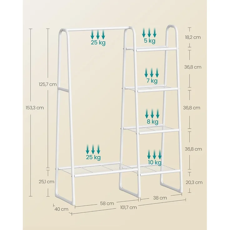 SONGMICS Kleiderständer, Wäscheständer mit 5 Ablagen, Metallrahmen, 40 x 101,7 x 153,3 cm, für Schlafzimmer, Wohnzimmer, Eingangsbereich, wolkenweiß HSR138W01 – Bild 5