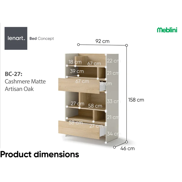 MEBLINI Wohnzimmerschrank für Schrankbett Bed Concept - Hochschrank mit Regalen, Fächern und Schubladen - BC-27 - Kaschmir/Nagano Eiche – Bild 4