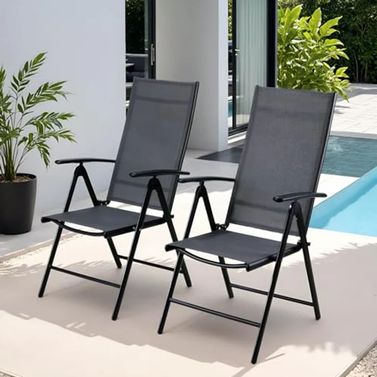 Clevich Gartenstühle Alu 2er Set, Gartenstuhl Hochlehner Klappbar mit 7-Fach Verstellbar Rückenlehne, Balkonstühle bis 120kg, Leicht Campingstühle, Ergonomisch Atmungsaktiv und komfortabel, Dunkelgrau – Bild 2