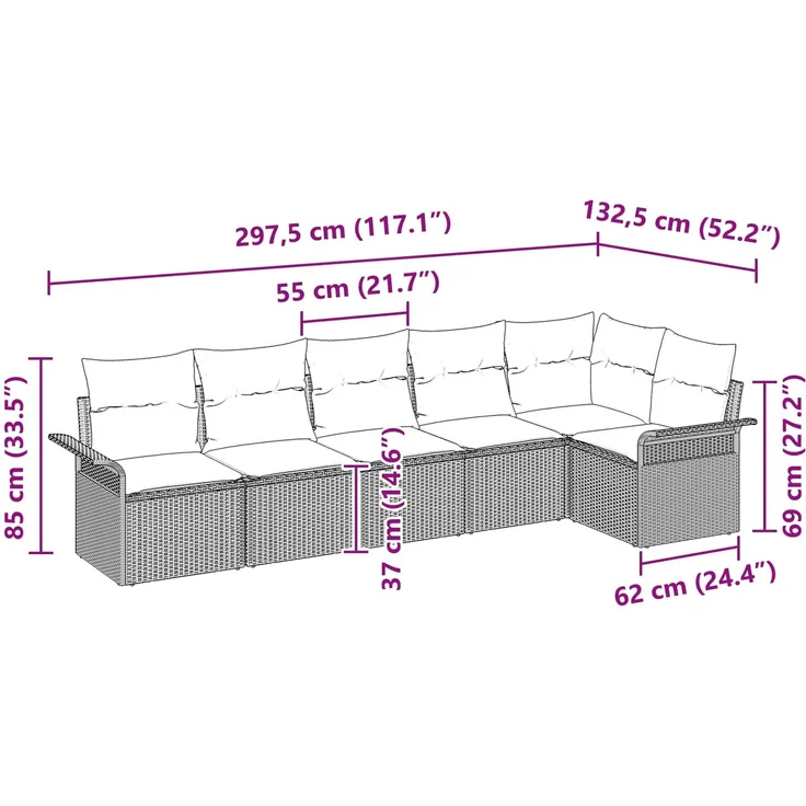 vidaXL Gartensofa-set mit Kissen 6 pcs Braun Poly-Rattan 3345384 – Bild 11