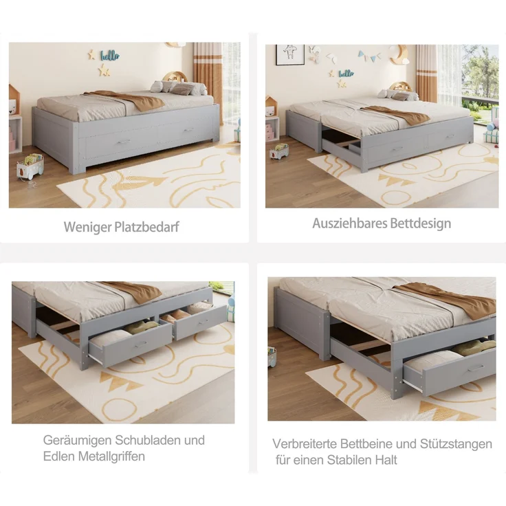 ZUBALIYA Tagesbett 90/180 × 190 cm, Holz, Ausziehbett, Schubladen, Lattenrost, Grau – Bild 4