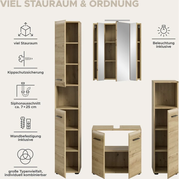 Badkombination (B/H/T: 150x185x46 cm) in Artisan Oak Nachbildung und Artisan Oak Nachbildung – Bild 8