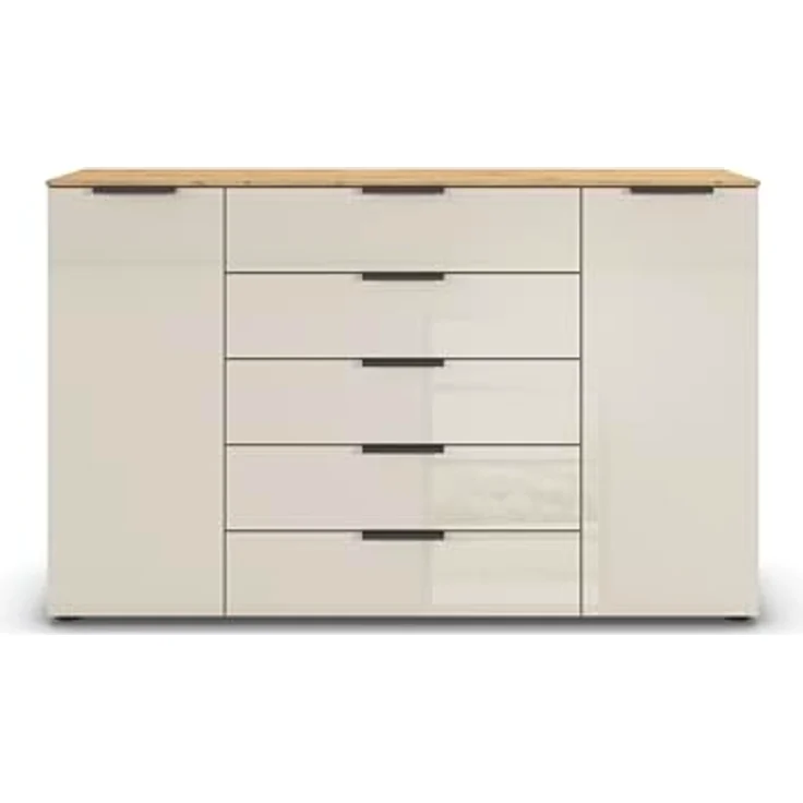Rauch Möbel Flipp, Kommode für Schlafzimmer, Kinderzimmer, Wohnzimmer, Jugendzimmer, Flur, Garderobe, 2-türig, 5 Schubladen, mit Softclose-Funktion, Farbe Eiche Artisan, Holz/Glas Beige, Breite 160 cm – Bild 6