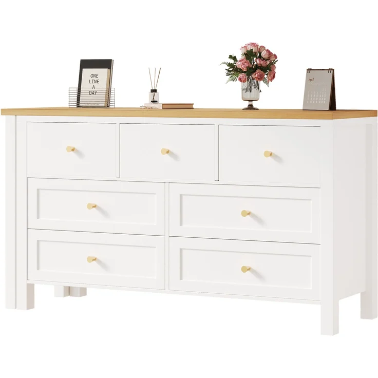 Flieks Schreibtisch mit Kommode, 120×40×70 cm, 360° drehbare Tischplatte mit 7 Schubladen, L-förmiger Bürotisch & Sideboard in Weiß/Eicheoptik – Bild 9