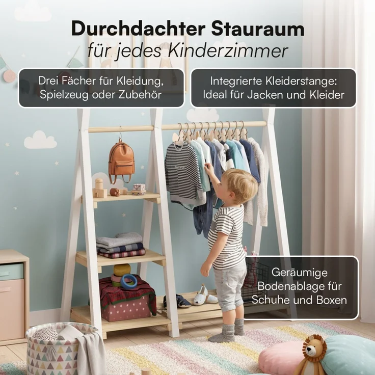 Bellabino 'Ryck' Tipi Kleiderstange mit 3 Regalen, Kiefer Massivholz, weiß/natur, 112x48x112 cm, Kindergarderobe mit Schuhablagefläche – Bild 3