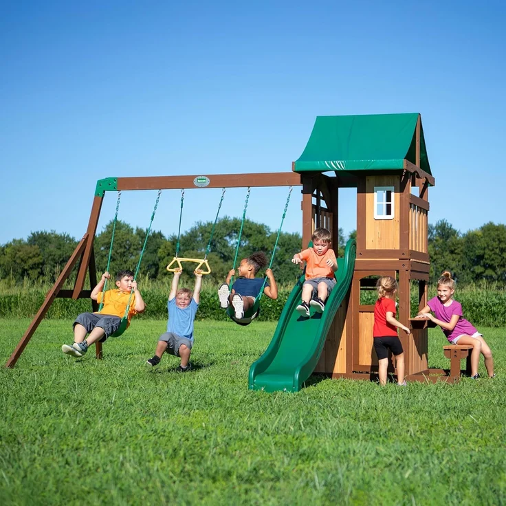 Backyard Discovery Lakewood Spielturm aus Holz XXL Spielhaus für Kinder mit Rutsche, Schaukel, Trapez & Picknicktisch | Braun, grün | Holz | 430.00 cm – Bild 2