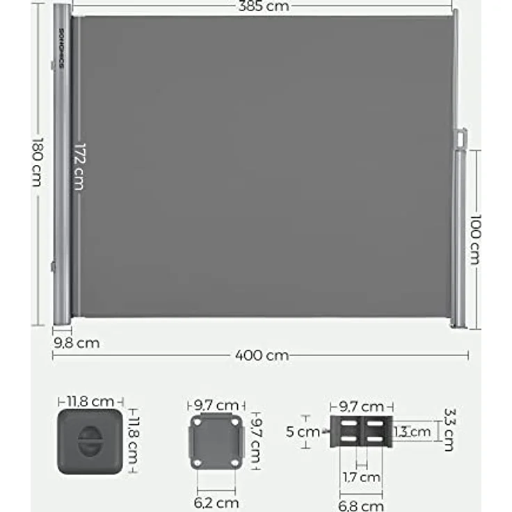 SONGMICS Alu-Seitenmarkise, ausziehbar, 180x400 cm, Blickdicht, Sonnenschutz, blickdicht, Seitenrollo, für Balkon, Terrasse, Garten, grau GSA184G03 – Bild 4
