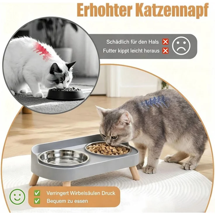 TUWENA Napf-Set Katzennapf Hundenapf Edelstahl Doppelnäpfe mit Ständer & Spritzschutz, Edelstahl, Nackenschonend, rutschfest, spülmaschinenfest, umkippsicher,hygienisch – Bild 3