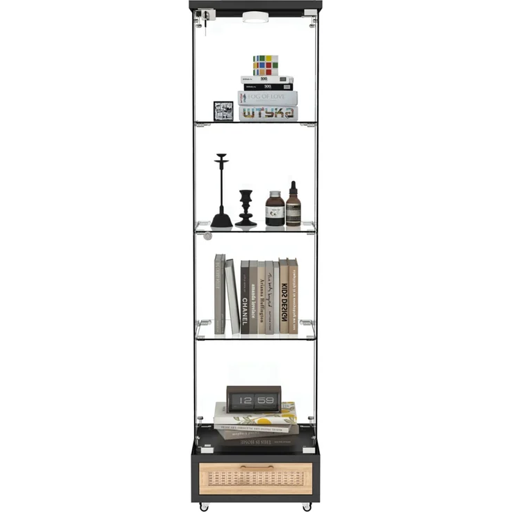 Moderne Glasvitrine mit Schubladen,Vitrine mit LED-Beleuchtung,Bücherregal aus gehärtetem Glas,Eintüriger Schrank mit vier EinlegebödenGeeignet für Wohn- und Schlafzimmer, schwarz-H167/B42.5/T36.5 cm--Schwarz--42.5x36.5x167cm--YOUDENOVA – Bild 3