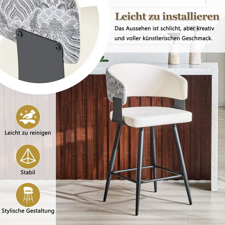 2er-Set Barhocker mit Rückenlehne, moderner Küchenhocker, Kunstleder Sitz, Metallgestell, stabile Fußstütze, ergonomisches Design, nur Stühle, ohne Tisch--Weiß1--47x46.5x94.5cm--YOUDENOVA – Bild 5