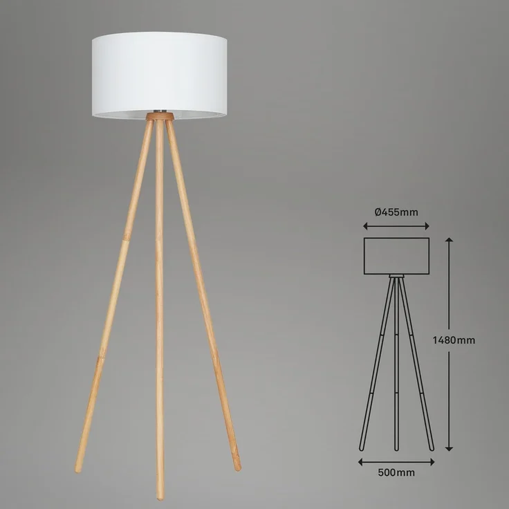 Briloner Leuchten Stehlampe 1379016 Floor, ohne Leuchtmittel, Warmweiß, Holz Stativ, Stoffschirm, inkl. Kabelschalter, exkl. 1x E27 max. 60 W – Bild 7