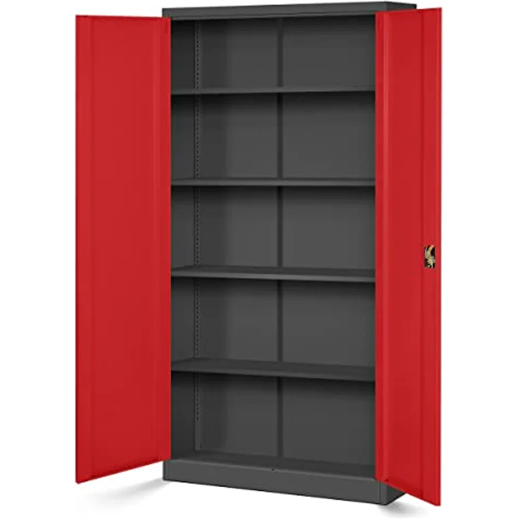 Jan Nowak 3er Set Aktenschrank C001 Metallschrank Stahlschrank Werkzeugschrank Büroschrank Lagerschrank Universalschrank Pulverbeschichtung Flügeltüren 185 x 90 x 40 cm (anthrazit/rot) – Bild 4