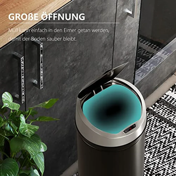 Ribelli Edelstahl Mülleimer 40 Liter - Abfalleimer mit Sensor - automatisches Öffnen und Schließen - Klemmring für Müllbeutel - Abnehmbarer Deckel - mit LED-Funktionsanzeige (schwarz) – Bild 6