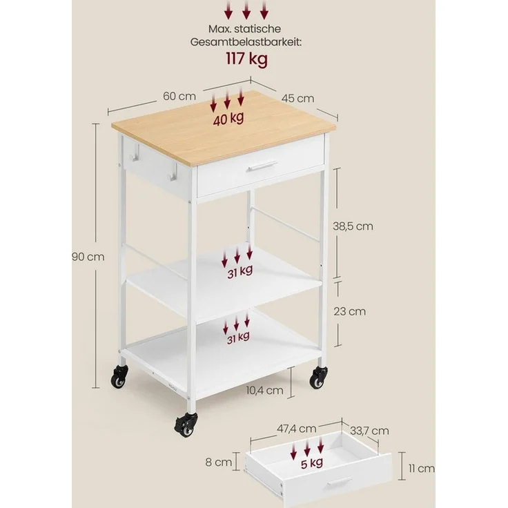 VASAGLE Küchewagen mit Rollen, mobiler Servierwagen mit Stauraum, Kücheninsel, 47 x 60 x 90 cm, Schublade, 2 Haken, für Esszimmer, eichenbeige-mattweiß – Bild 2