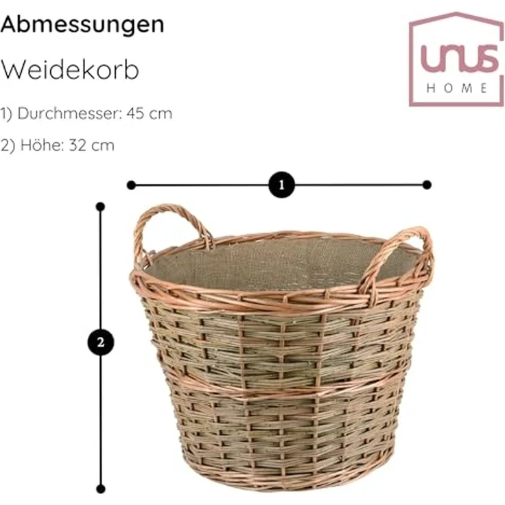 UNUS HOME Kaminholzkorb Korb Weide mit 2 Griffen gefüttert Ø45 (1 St) – Bild 4