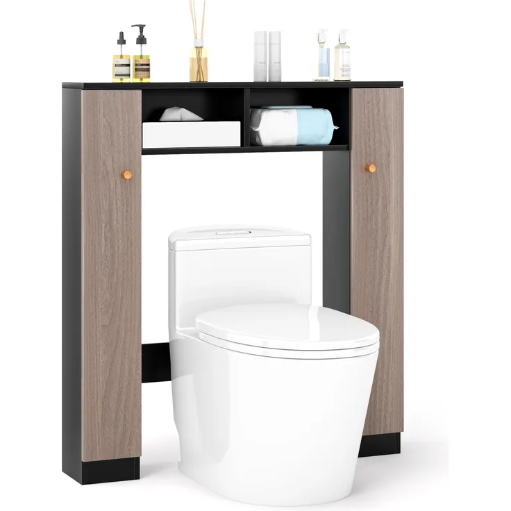 Badezimmerregal für über der Toilette doppeltüriger WC-Schrank mit 2 offenen Fächern Schwarz