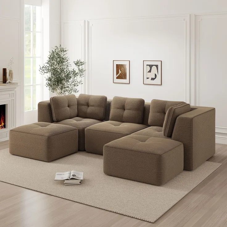 EINHOM Modulares Wohnzimmersofa ohne Gestell, modulares Sektionssofa mit Ottomane, geeignet für das Wohnzimmer, dreisitziges Cord-Sofa mit tiefer Sitzfläche, keine Montage erforderlich, Braun