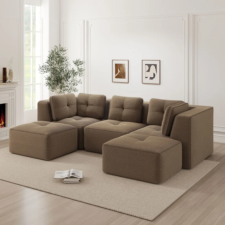 EINHOM Modulares Wohnzimmersofa ohne Gestell, modulares Sektionssofa mit Ottomane, geeignet für das Wohnzimmer, dreisitziges Cord-Sofa mit tiefer Sitzfläche, keine Montage erforderlich, Braun – Bild 1