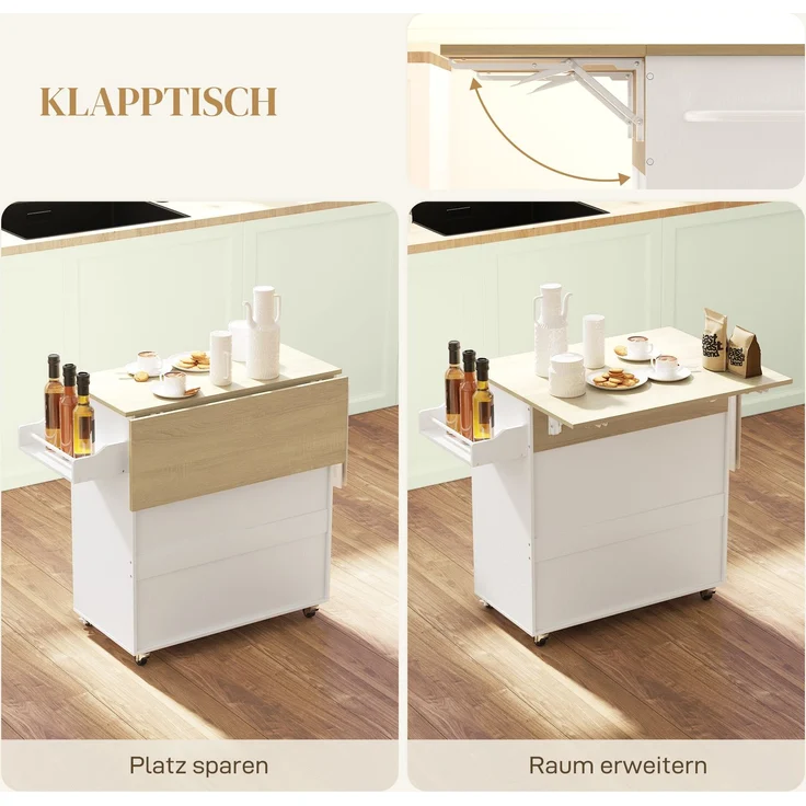 Küchenwagen 106 x 42 x 87 cm aus MDF, weiß, mit klappbarer Arbeitsplatte – Bild 2