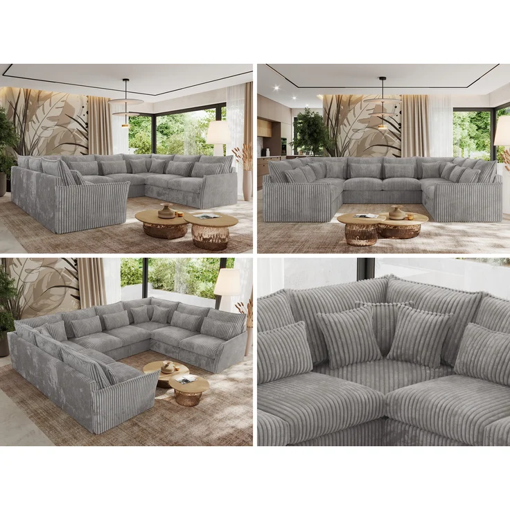 Modulares U-förmiges Wohnzimmer-Ecksofa, XXL Ecksofa mit Armlehnen, Wohnlandschaft, Universal-Ecksofa mit lockeren Kissen - VERSO U 8M - Grau Cord – Bild 2