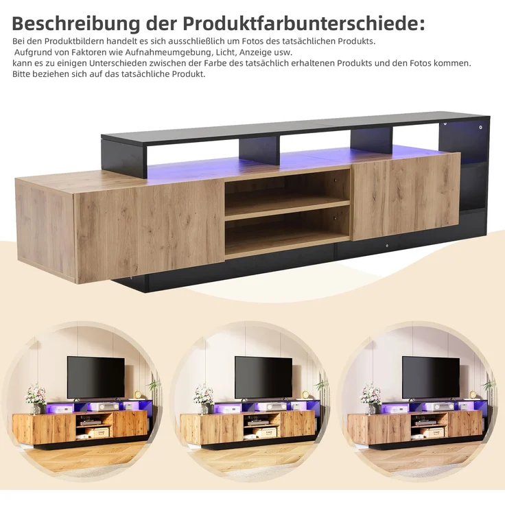 TV-Schrank in Holz & Schwarz,mit 2 herunterklappbare Türen, offene mittige Schubladen, LED-Fernbedienung 16 Farben 4 Modi – Bild 9