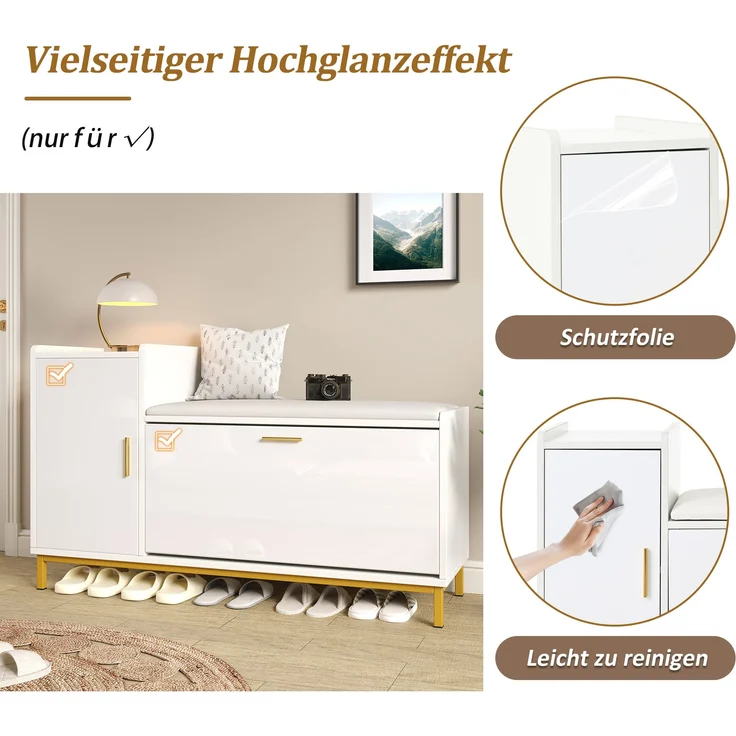 Schuhschrank mit Sitzbank Weiß/Gold, 100x38x68 cm, Hochglanz mit herunterziehbarem Schuhregal – Bild 5
