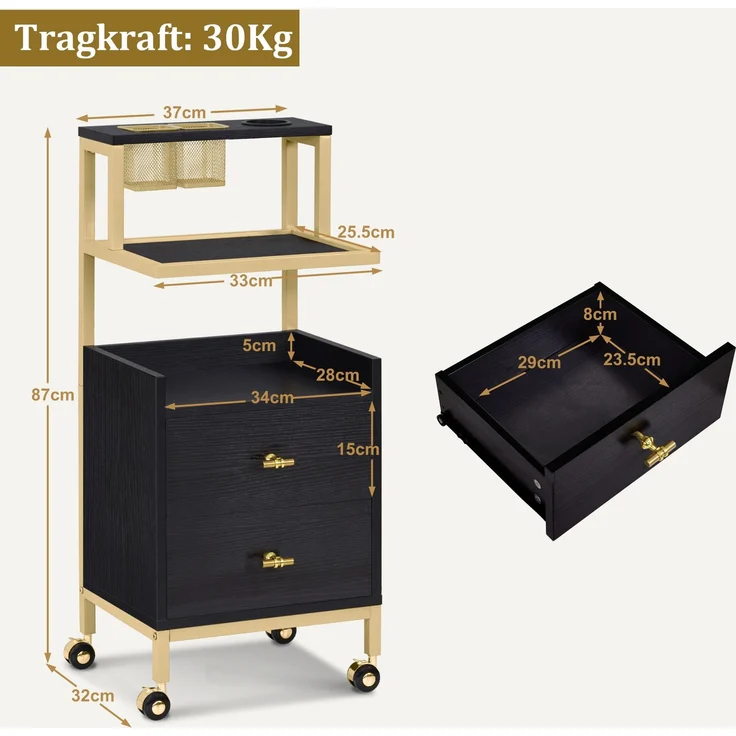 BarberPub Friseurwagen mit Rollen & 2 Schubladen, Rollwagen Servierwagen Schwarz-Gold, Salon Trolley mit 2 Ablagen & Föhnhalter, Moderner Arbeitswagen für Bad Wohnzimmer, 0029 – Bild 3
