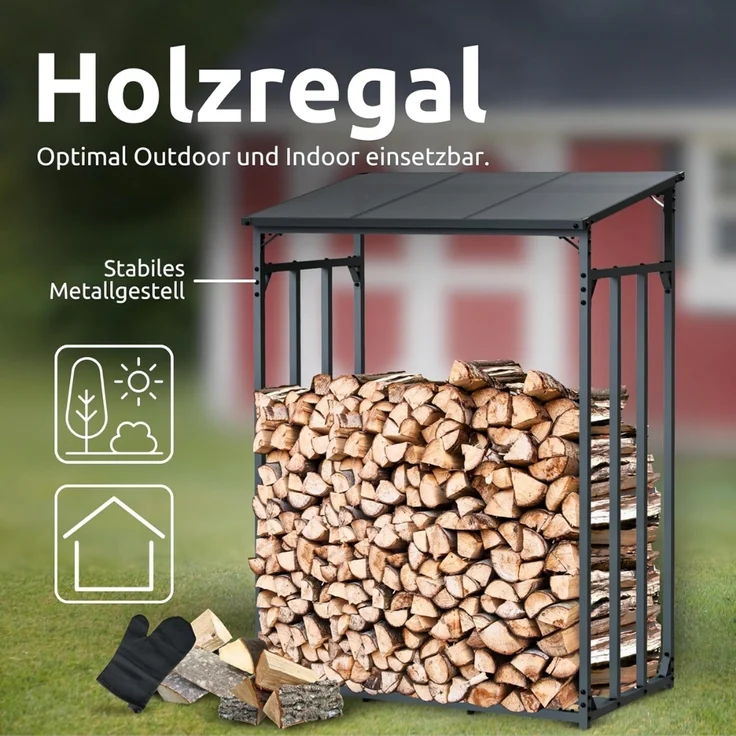 DELUKE® Kaminholzregal Außen mit Dach ELOS - 130x70x185cm | Metallrahmen, Inkl. Ofenhandschuh | Brennholzregal außen Brennholzunterstand Kaminholzunterstand Holzlager – Bild 3