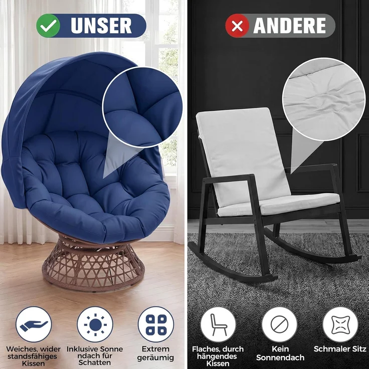 COMHOMA Papasansessel, gemütlicher Drehsessel mit Kissen rund, bequemer Rattansessel, Loungesessel drehbar, runder Relax Korbsessel Rattan für Wohnzimmer, Leseecke, Lounge - BLAU – Bild 6