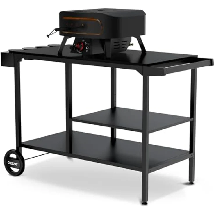cozze BBQ Station & Outdoor Küche – Großer Grilltisch für Pizzaofen, Verstellbarer Regalboden (3 Höhen), 2 Räder, Stahl Schwarz, bis 100 kg - 90x115x60 cm – Bild 2