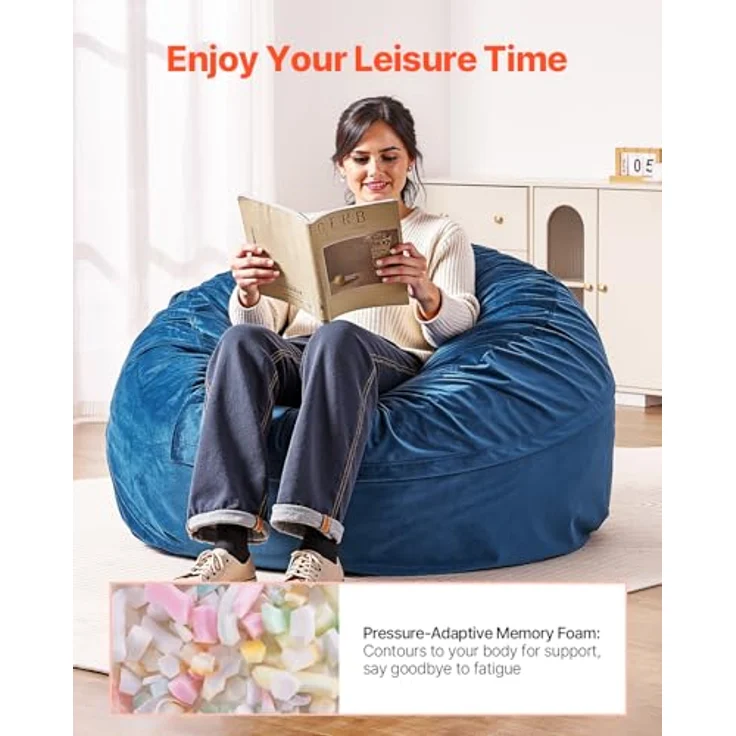 VEVOR runder Sitzsack Sitzkissen Bean Bag Erwachsene (1168 x 1168 x 635 mm) mit abnehmbarem & waschbarem Bezug, gefüllt mit niederländischem Samt & hochdichtem Schaumstoff, für Schlafzimmer Blau – Bild 5