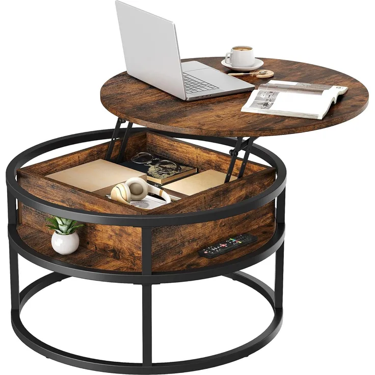 YITAHOME Couchtisch Rund mit Hebeplatte, Wohnzimmertisch mit verstecktem Ablagefach, Beistelltisch Rund mit Stauraum für Home Office, Runder Mitteltische Wohnzimmer,