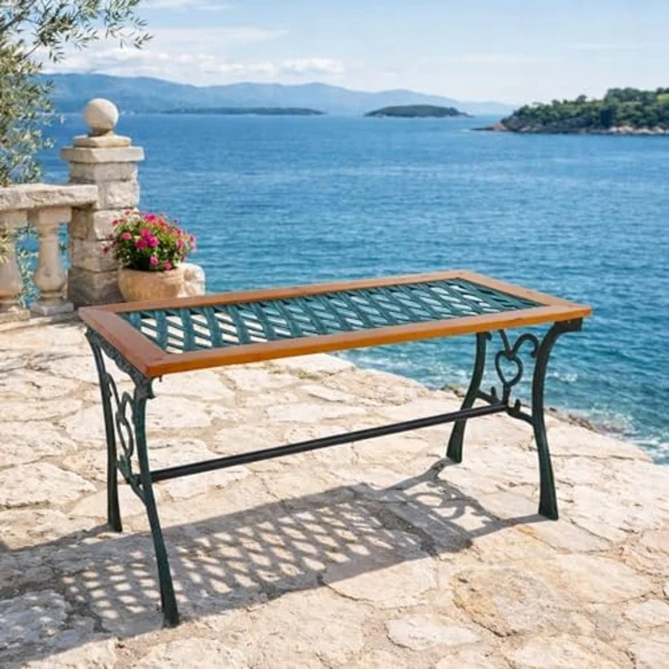 Gusseisen Gartentisch Outdoortisch Holz Glasplatte Natur 98x46xH56cm – Bild 1