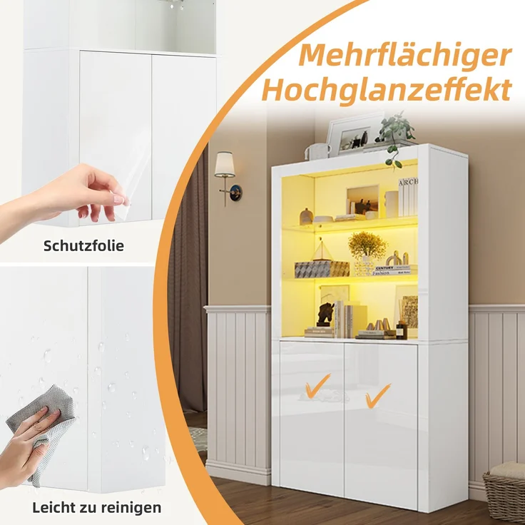 100 x 35 x 170 cm Sofa-Sideboard, Hochglanz-Aufbewahrungsschrank, Vitrinenschränke mit LED-Leuchten, Displayschicht aus gehärtetem Glas, Vertikaler Hochschrank fürs Wohnzimmer--Weiß--100x35x170cm--YOUDENOVA – Bild 6