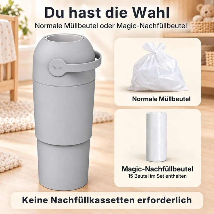 Set Magic Windeleimer, Abfalleimer mit Geruchsstopp, ohne Kassette + Windel | Hygienischer Mülleimer Geruchsdicht für Windeln ohne Kassette, Hygieneeimer für Windelentsorgung, Bad, Kinderzimmer, Küche – Bild 4