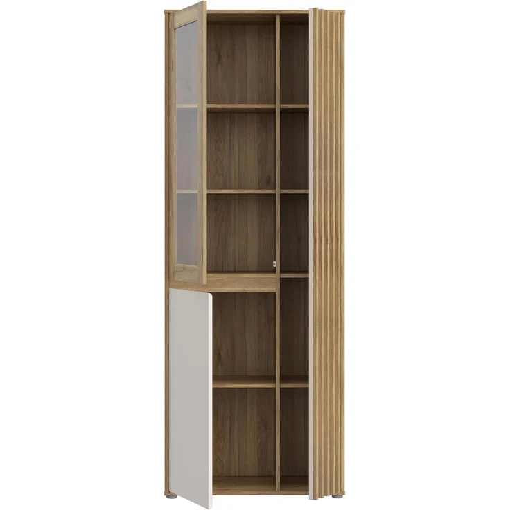 Forte ELISTON Vitrine 70 80, moderner Schrank mit Lamellendesign, 3-türig, Wohn-/Schlafzimmer, Mauvella Eiche Holzdekor|Kashmir Beige, 74 cm breit x 200,1 cm hoch x 41,5 cm tief – Bild 8