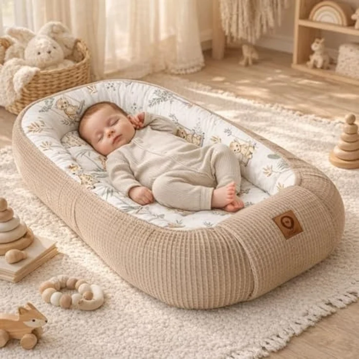 Babynestchen Neugeborene – Nestchen Baby aus Waffel Baumwolle & Baumwollstoff – Babynest für Babybett & Kinderbett – Baby Kokon Tragbar – OEKO-TEX – Zubehör für Babybett - Schaukeln und Braun – Bild 2
