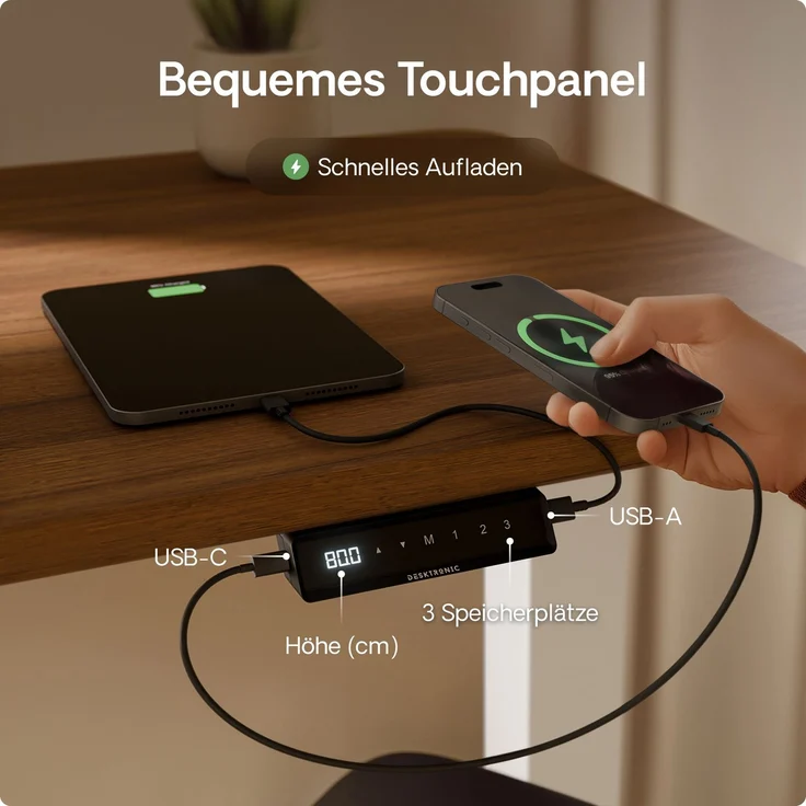 Desktronic HomeOne Elektrisch höhenverstellbarer Schreibtisch 140x70cm Weiß/Walnuss mit Memory-Funktion, Anti-Kollisions Technologie, USB-A und USB-C-Ladeanschlüssen – Bild 6